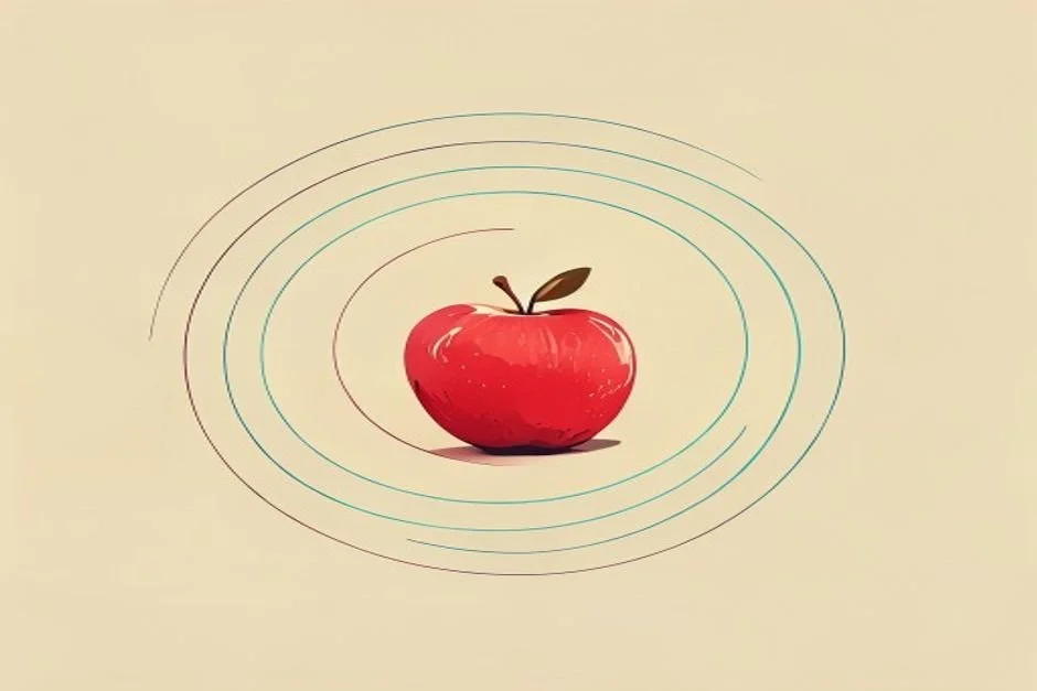A warm illustration of a red apple at the center of concentric orbit rings, a whole-child model.
