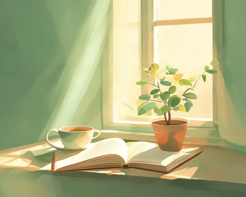 A warm illustration of a sunlit windowsill with an open book, a warm cup, and a small potted plant.