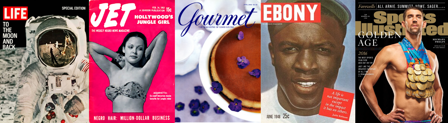 A collage of various iconic magazine covers