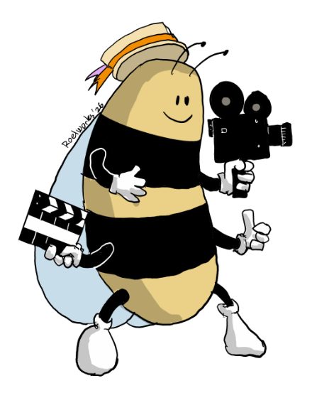 Bee mascot with a clapperboard and vintage camera - Filmmakers and Writers