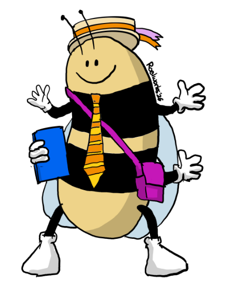 Bee mascot with a school bag, School tie, and book — Schools and Community