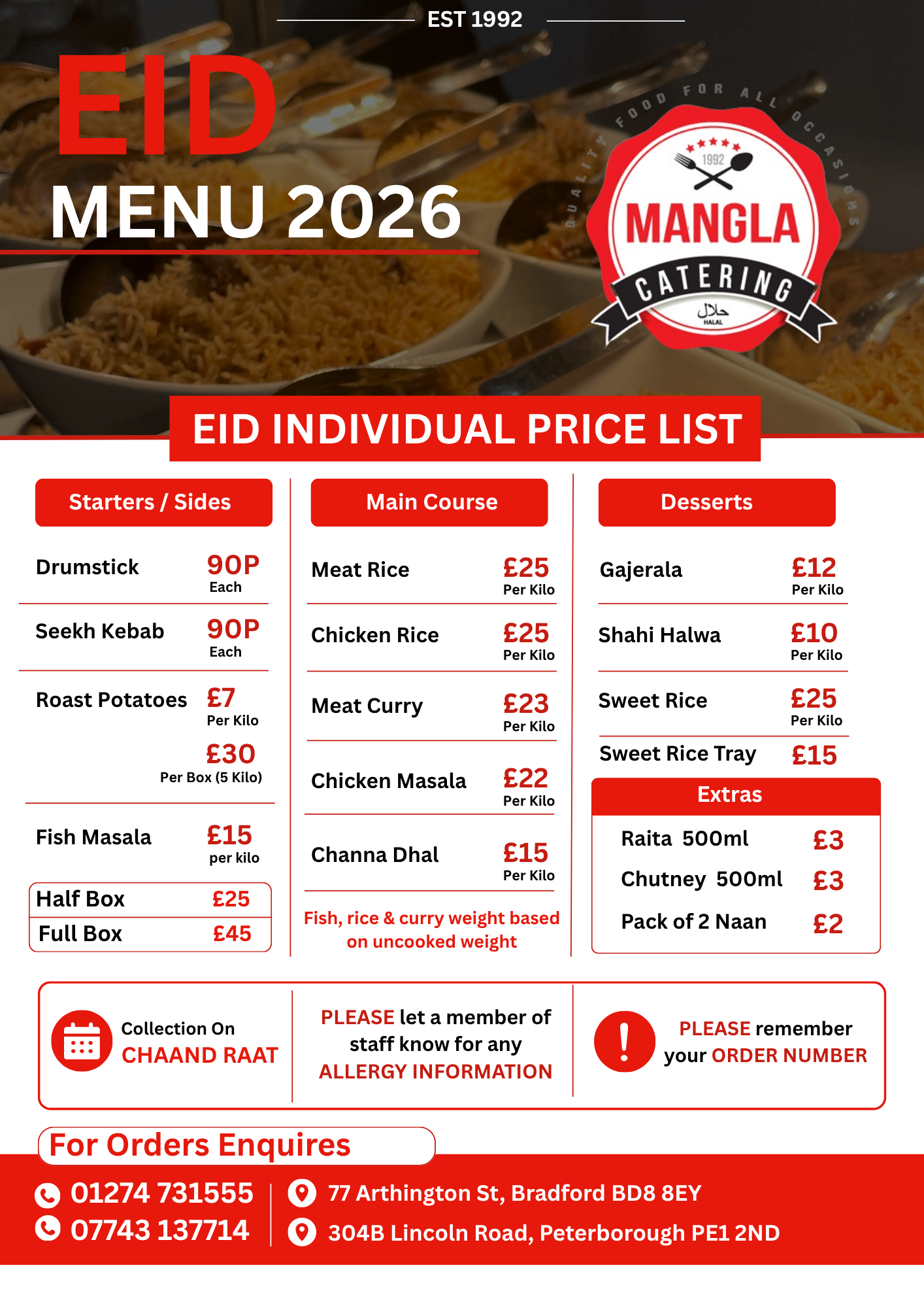 Mangla Catering Eid individual price list