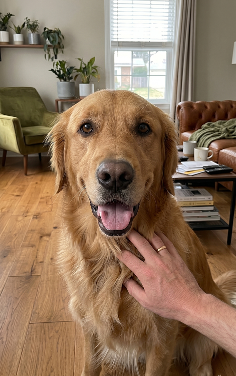 Bella, a smiling golden retriever sitting in the living room
