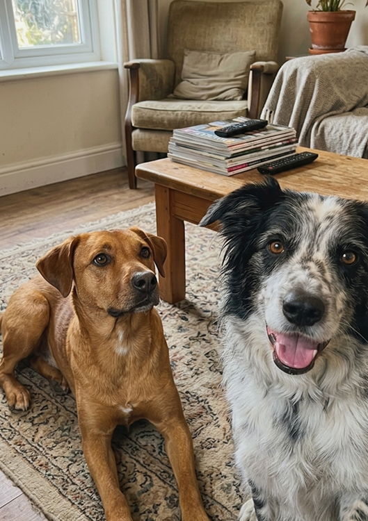 Alfie and Max, two dogs sitting together in the living room