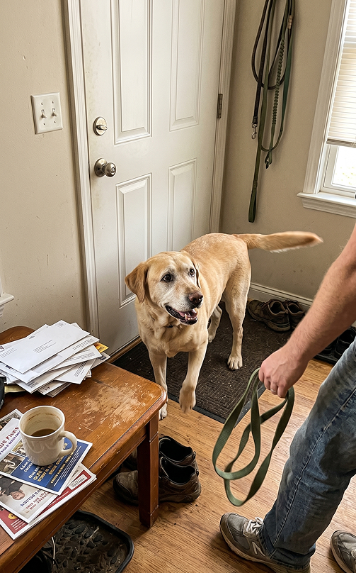 Max, a yellow Lab, greeting his owner at the door for a walk