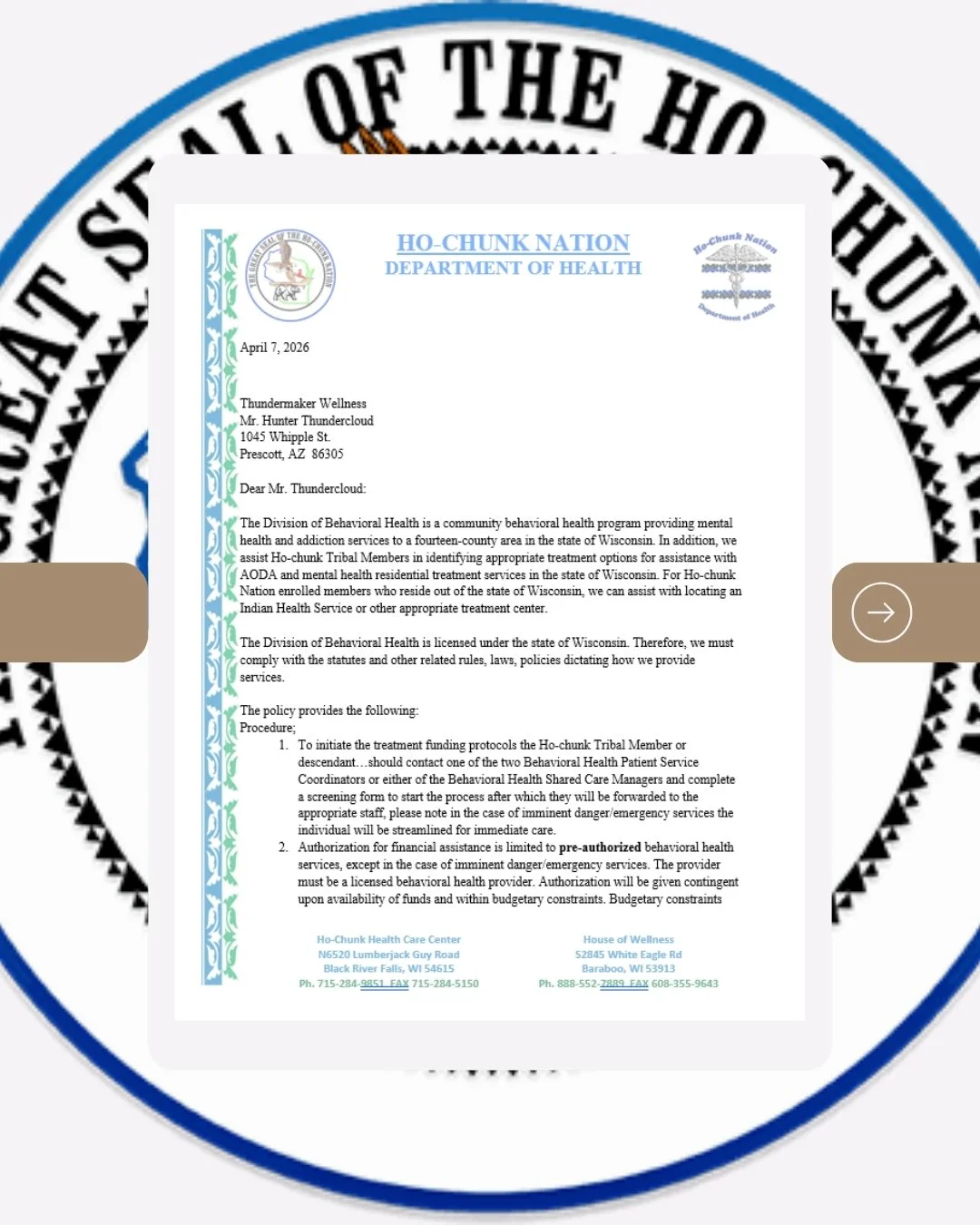 Page one of the April 7, 2026 letter from the Ho-Chunk Nation Department of Health, Division of Behavioral Health, to Thundermaker Wellness Center