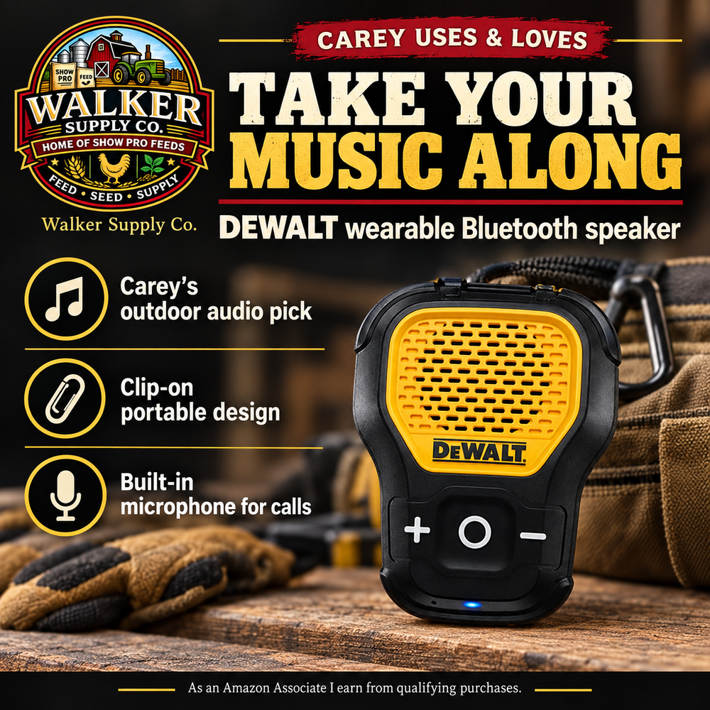 DEWALT wearable Bluetooth speaker — Walker Supply recommendation infographic