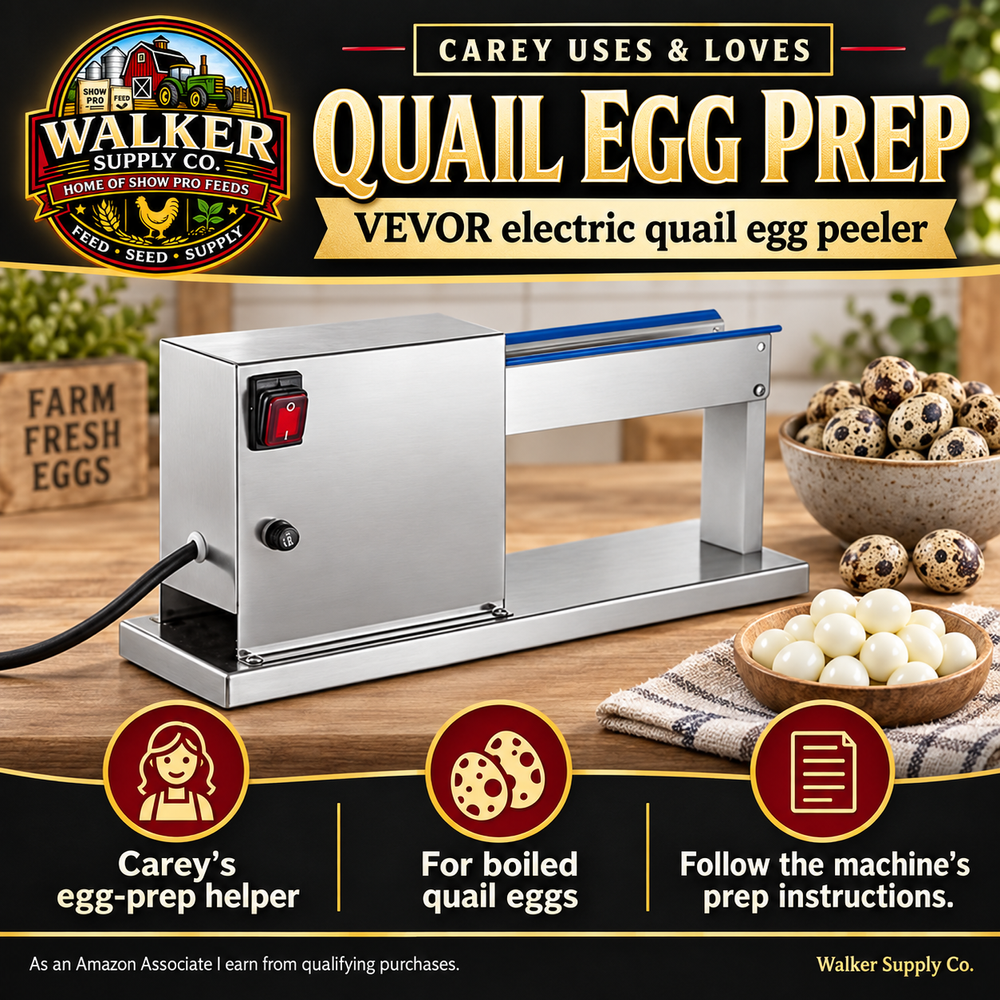 VEVOR electric quail egg peeler — Walker Supply recommendation infographic