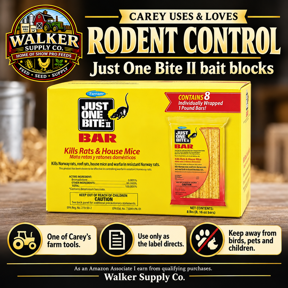 Just One Bite II rodent bait blocks — Walker Supply recommendation infographic