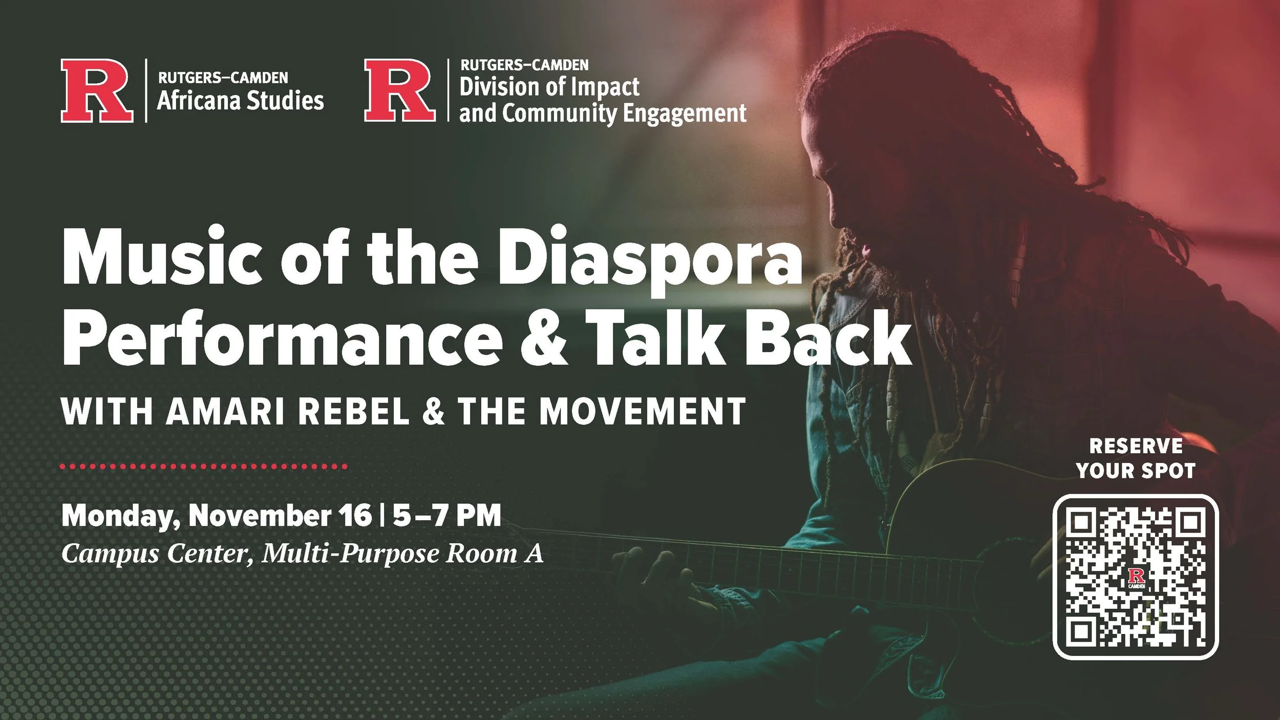 Music of the Diaspora Performance & Talk Back with Amari Rebel & the Movement at Rutgers–Camden, Monday, November 16, 5–7 PM