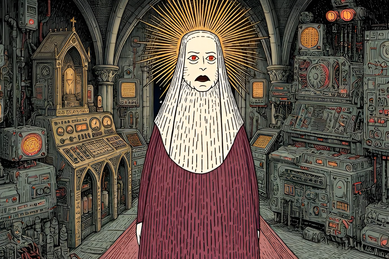 Mother Superior of the Navis Dei — red eyes glowing — cathedral spaceship interior — Atlas K cosmic horror