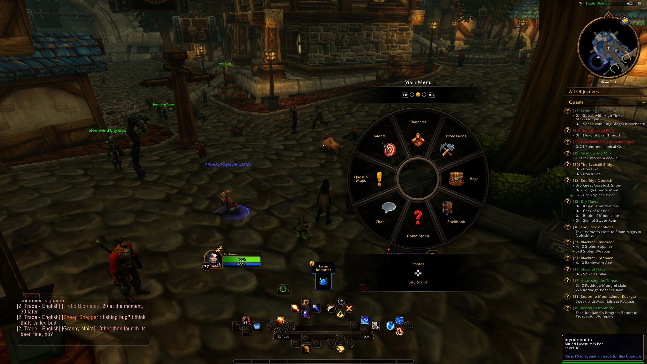 The new radial menu system while using the gamepad. It features cardinal and intercardinal options, starting from North and going clockwise. Character, Professions, Bag, Spellbook, Game Menu, Chat, Quests & Maps, Talents.