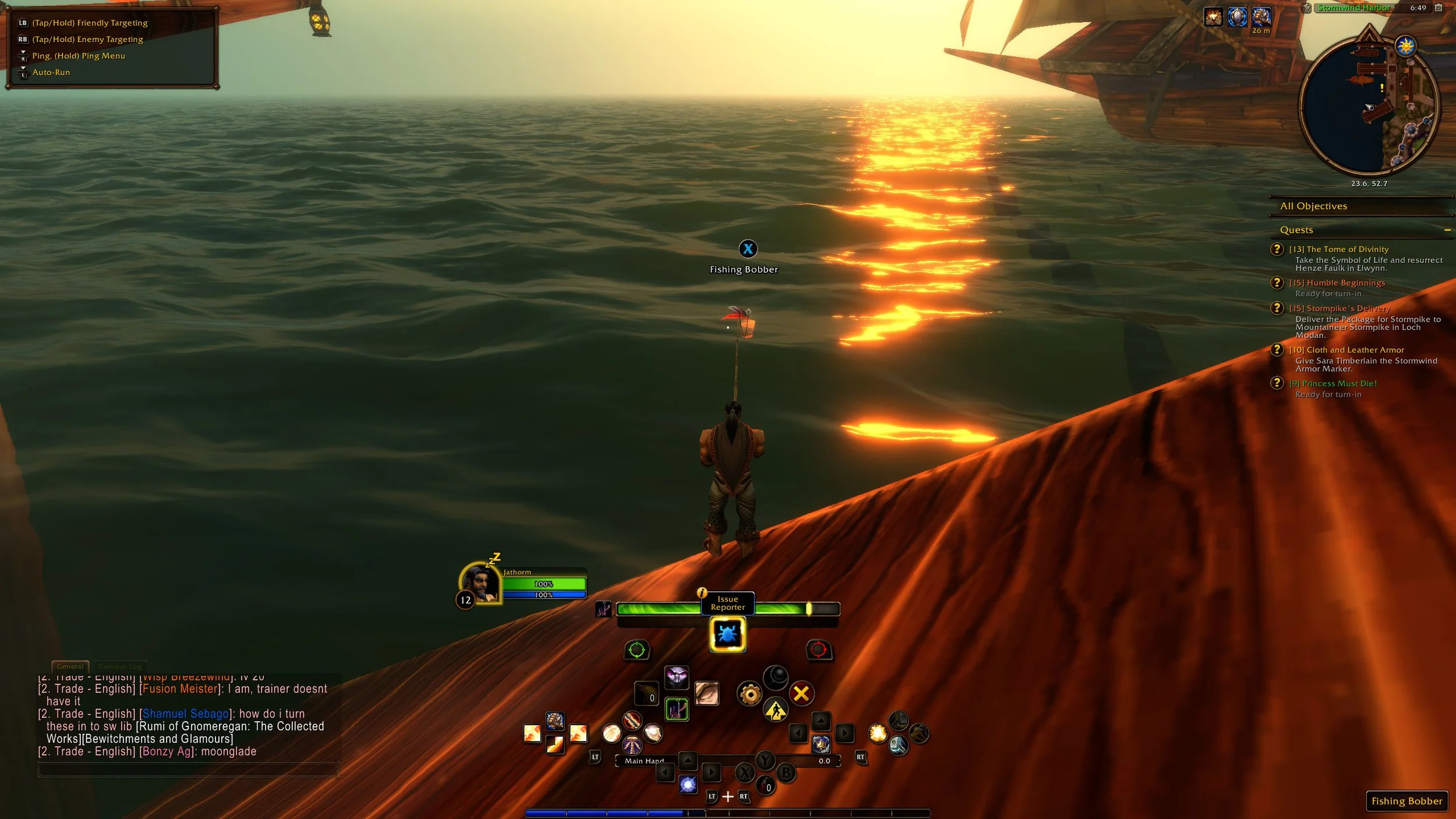 My Human Paladin fishing in the Stormwind Harbor. The waves, which are new to Forever, are surface gravity waves, and the sunrise is reflecting off them. There is a ship at port in the top right of the shot.