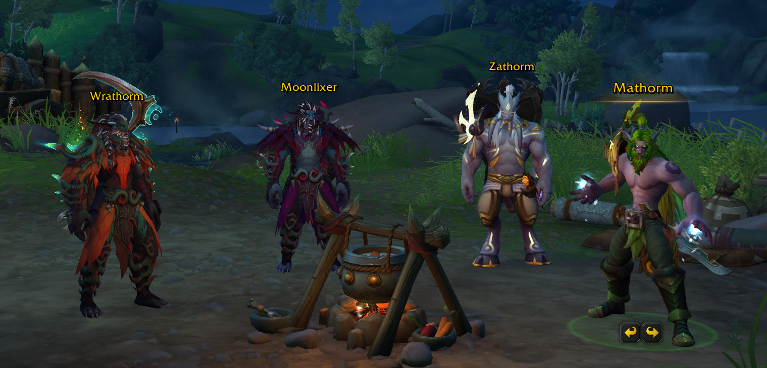 My four characters on the login screen, left to right: Wrathorm, a Haranir druid; Moonlixer, a Haranir shaman; Zathor, a Lightforged Draenei; Mathorm, a Night Elf mage.