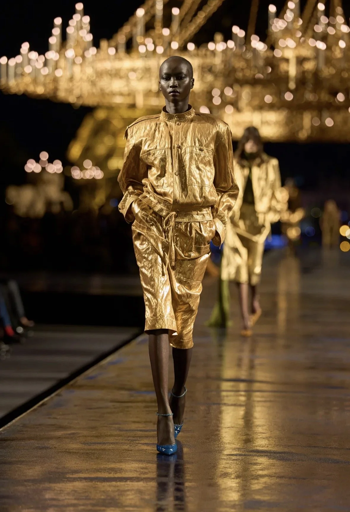Saint Laurent — a gold utility silhouette.