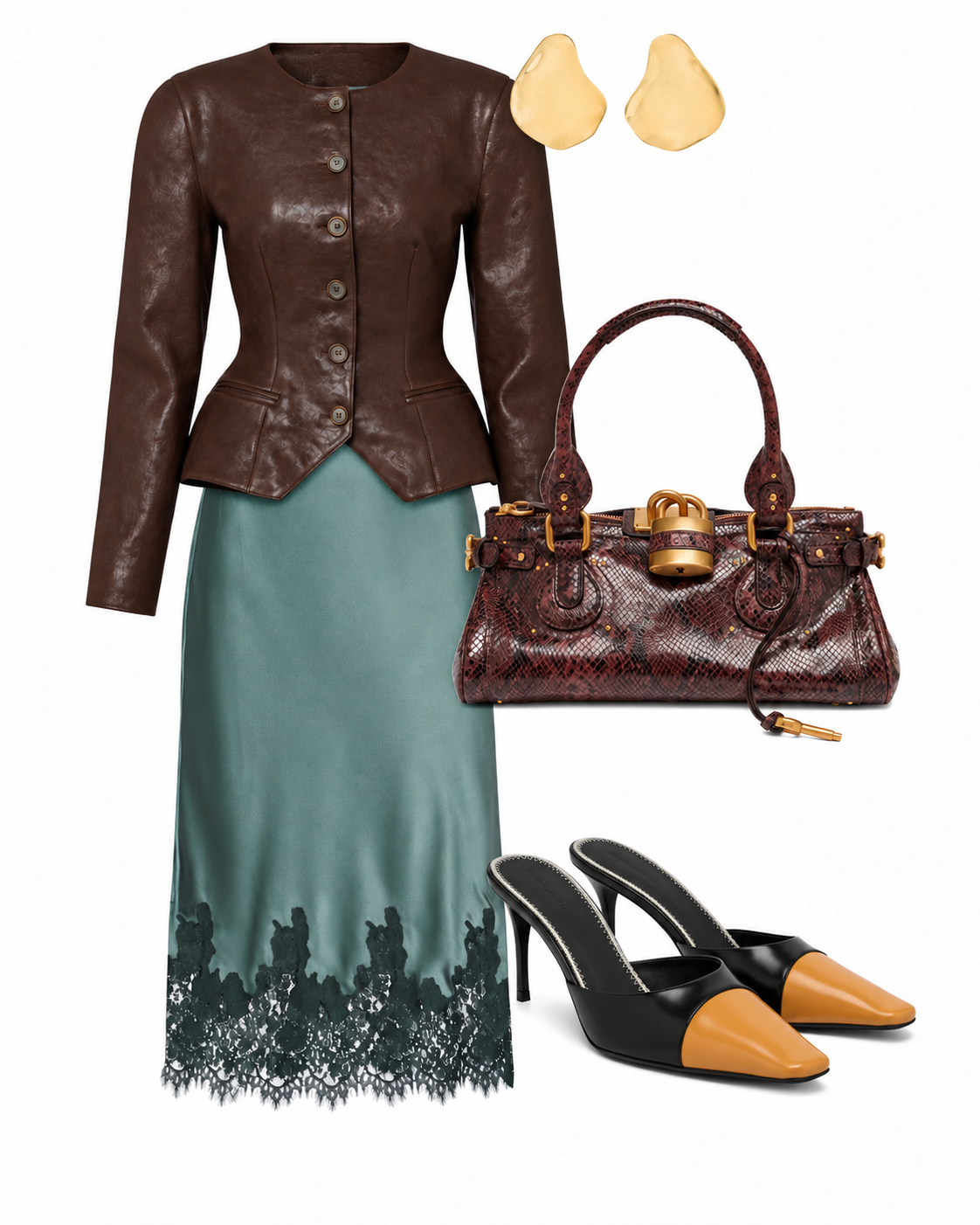 Chocolate leather jacket, teal lace-trim skirt, gold earrings, textured bag and two-tone mules