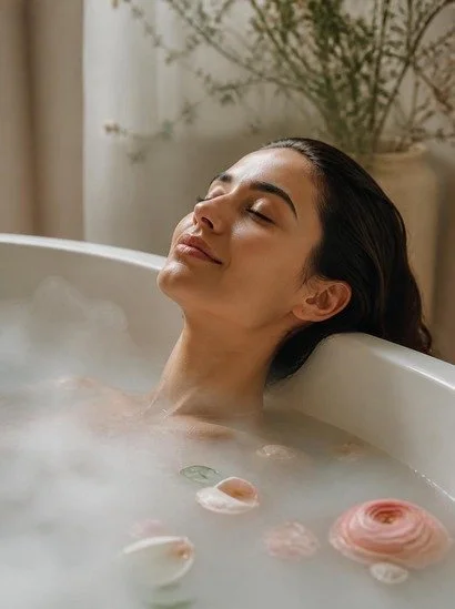 A woman relaxing in a warm milky bath