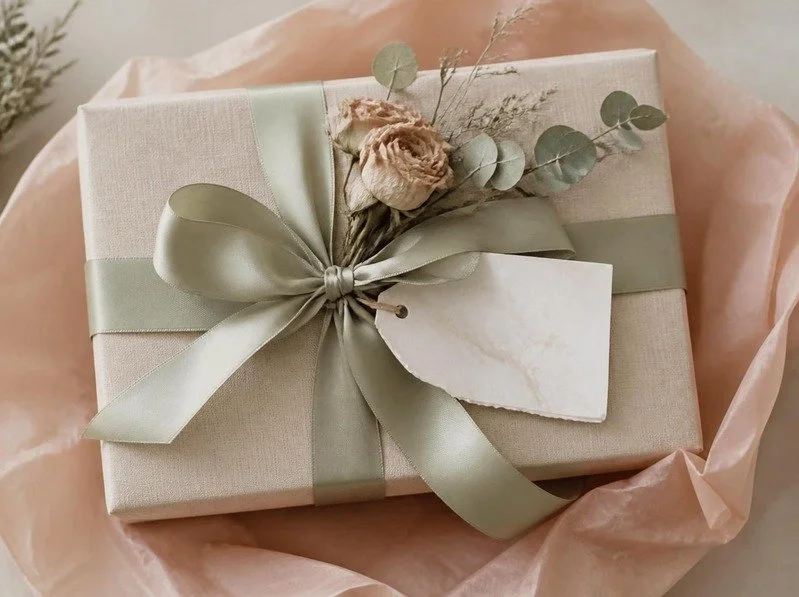 A linen gift box tied with sage ribbon and dried roses