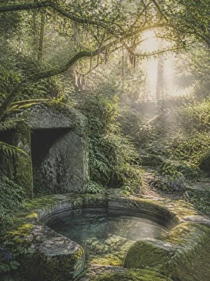 An ancient holy well in a mossy Highland glade