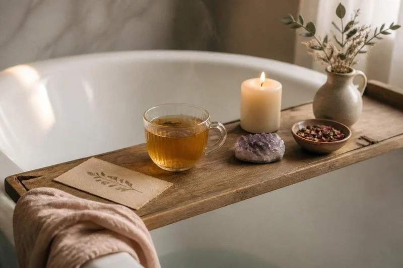A bath tray with tea, candle and crystal