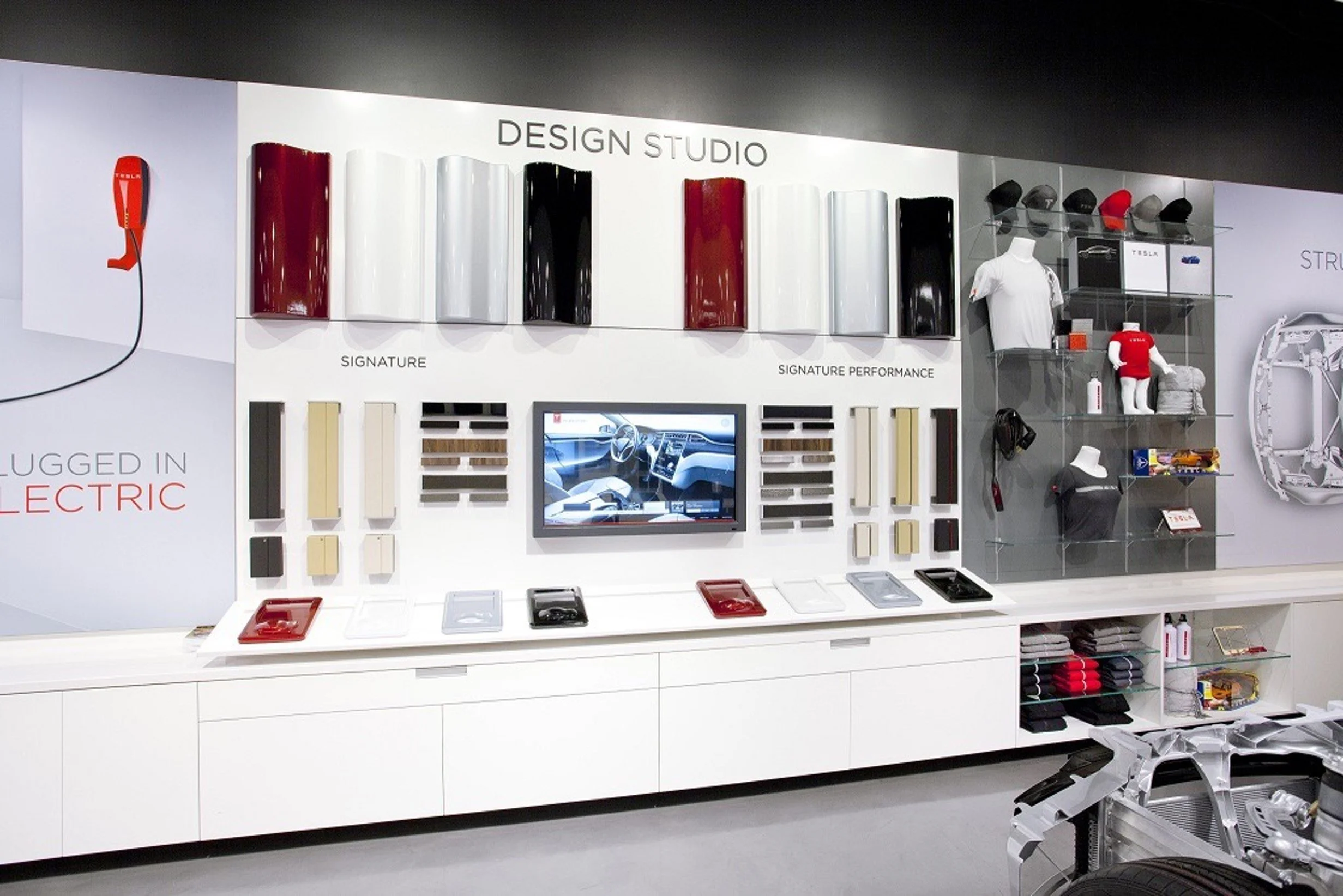 Tesla Design Studio retail wall with colour and material samples