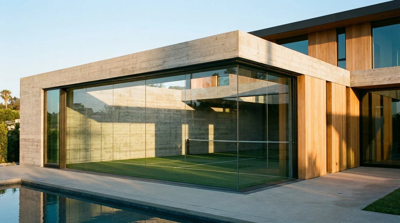 W/In premium padel, an architectural glass court built into a modern home