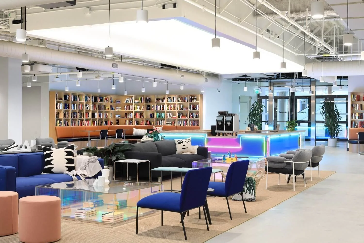 Pacific Design Center coworking lobby with radial skylight and curated furnishings