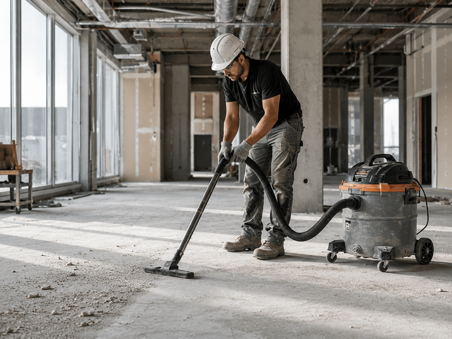 Construction cleanup worker vacuuming a post-construction site