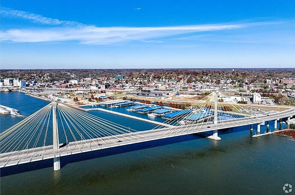 The Clark Bridge over the Mississippi River with downtown Alton, IL and the marina in view