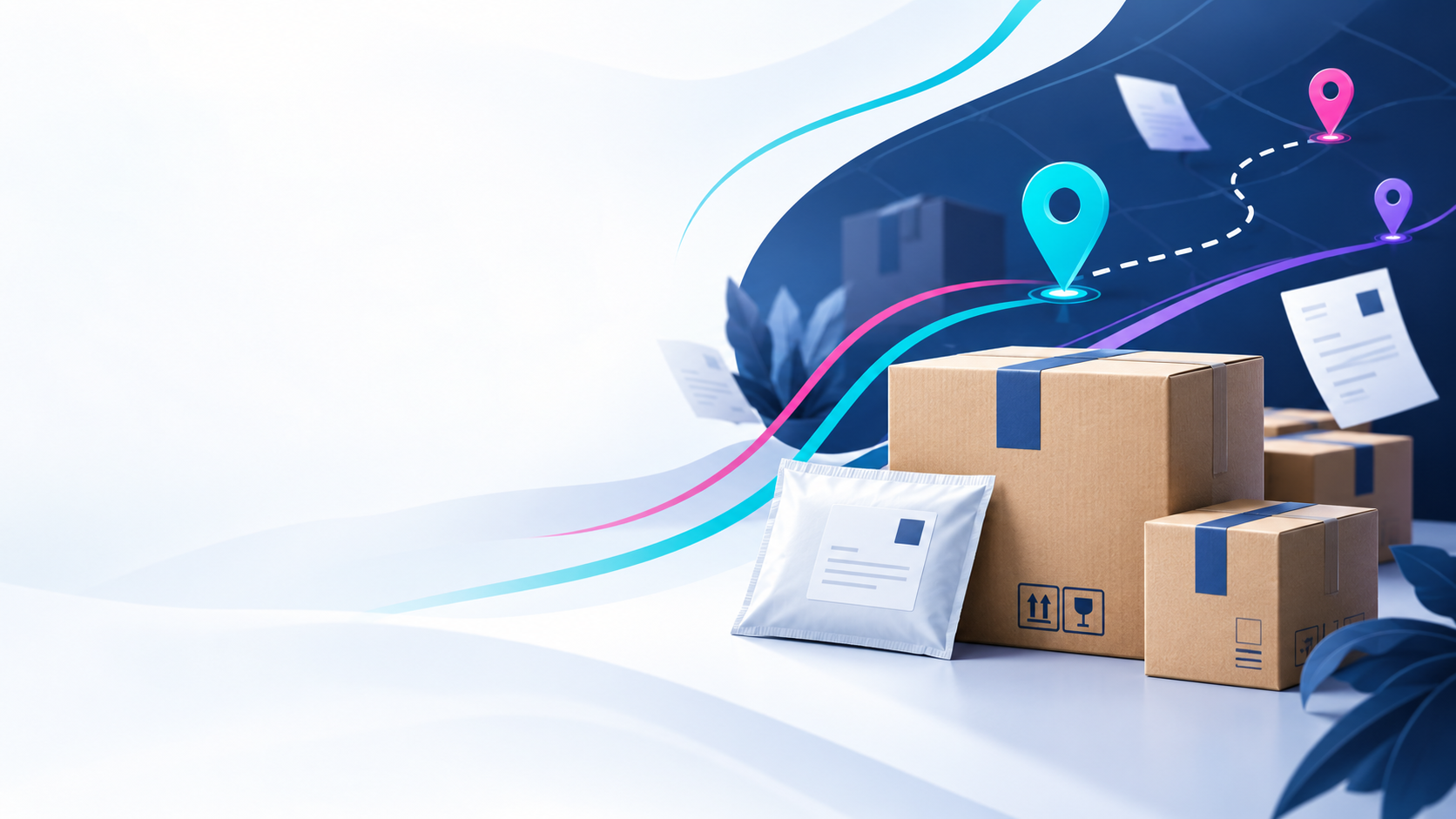 ActiveQuest Courier branded delivery graphic with packages and route accents