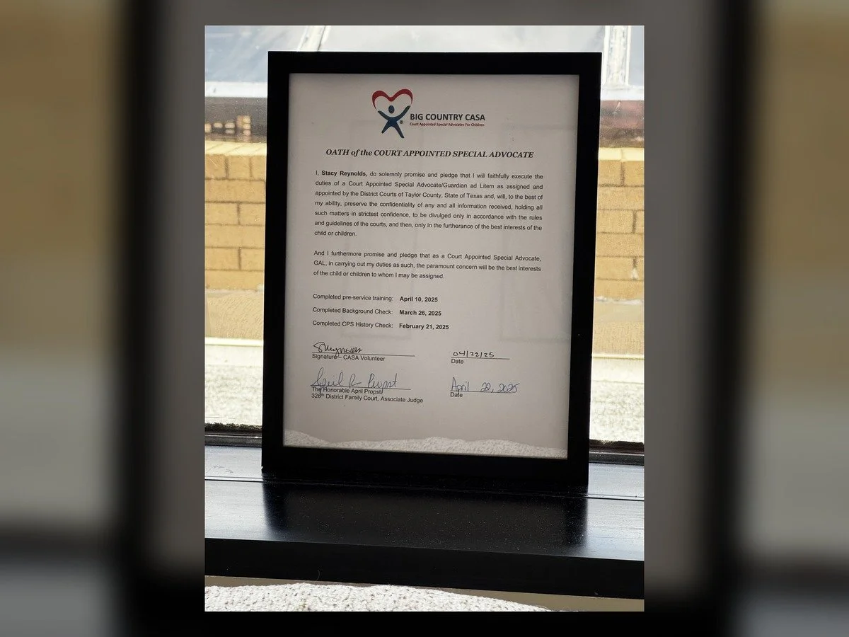 Court Appointed Special Advocate credential, Big Country CASA, displayed at Brain & Heart Healing office in Abilene, TX
