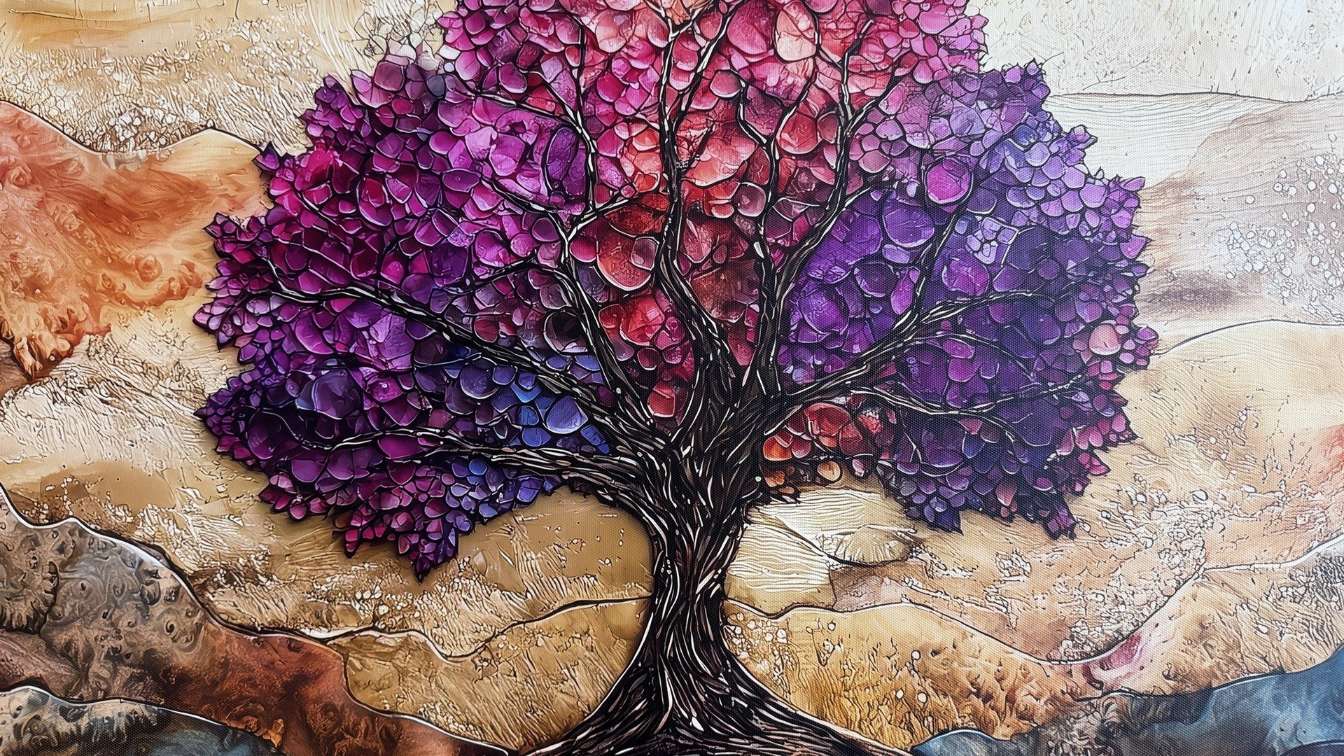 Close-up detail of resin and alcohol-ink tree of life painting in the therapy office of Brain & Heart Healing, Abilene TX