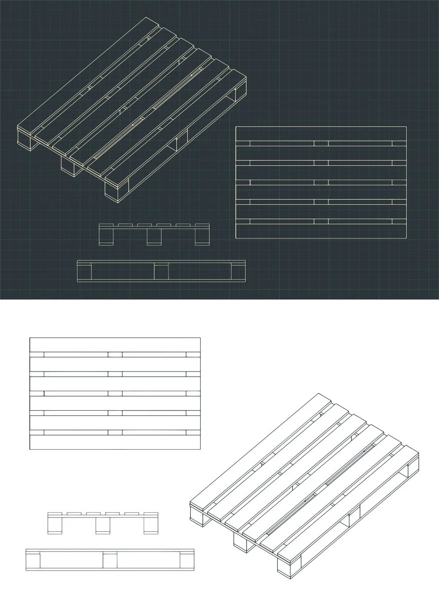 Engineered pallet design drawings showing pallet structure and load analysis