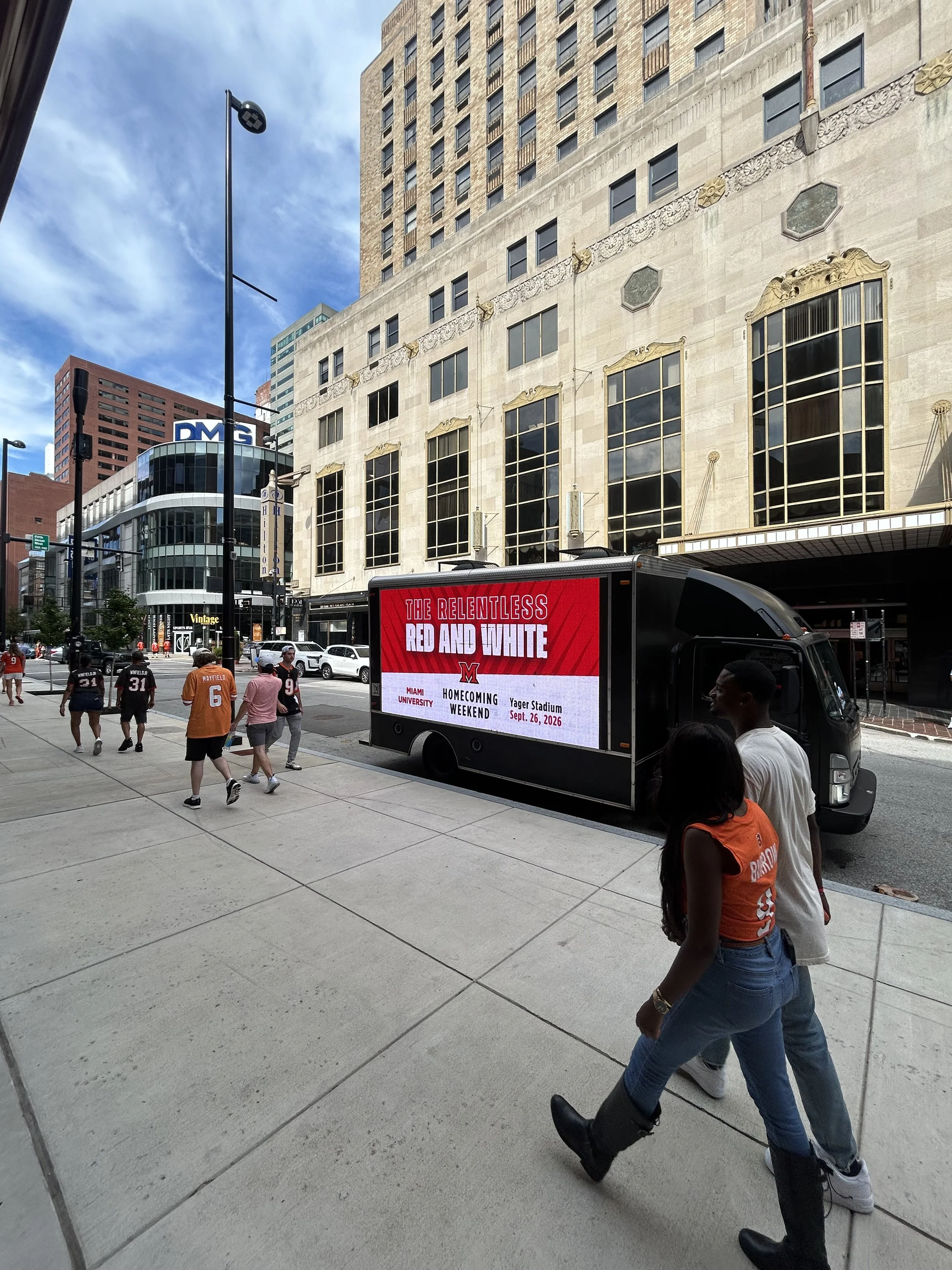 Digital billboard truck on a downtown Cincinnati street at the close of an eight hour mobile billboard advertising activation