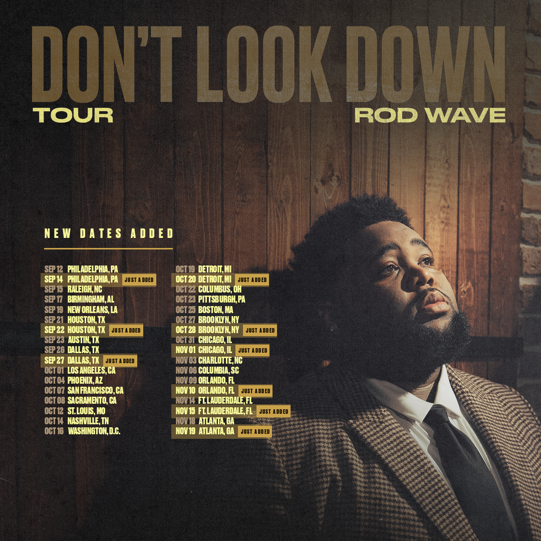 Rod Wave Don't Look Down Tour 2026 routing artwork with newly added dates