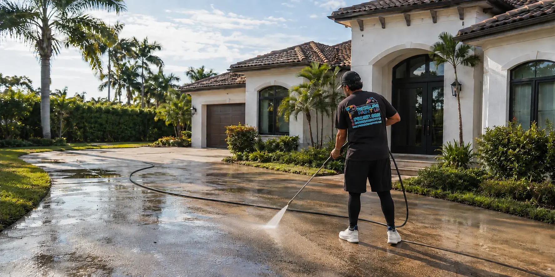 Pressure Paint Up technician soft washing a Miami home