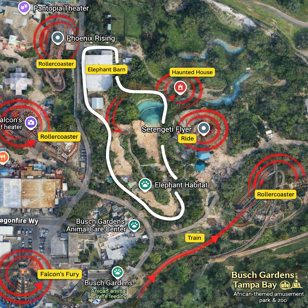 Aerial view of the elephant enclosure at Busch Gardens, encircled by roller coasters and rides