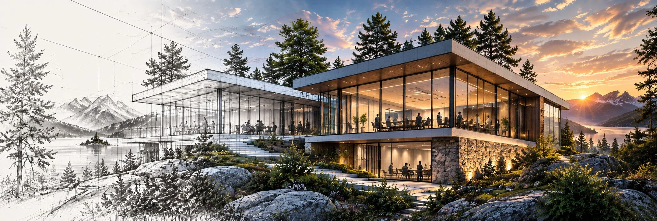 Design illustration — concept sketch resolving into a developed architectural render