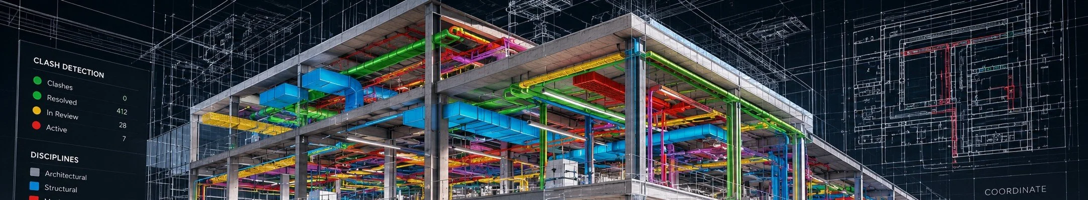 Coordination illustration — a multidiscipline BIM model with structural, mechanical, electrical and plumbing systems colour-coded