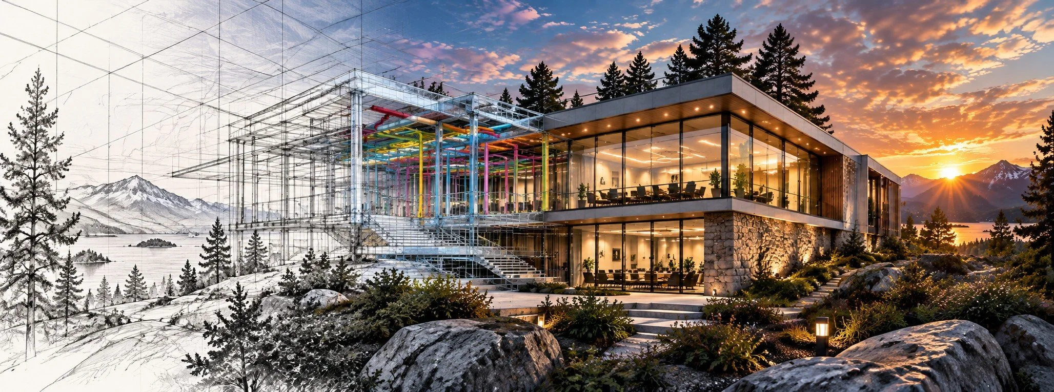 Detail illustration — coordinated systems model resolving into buildable construction form