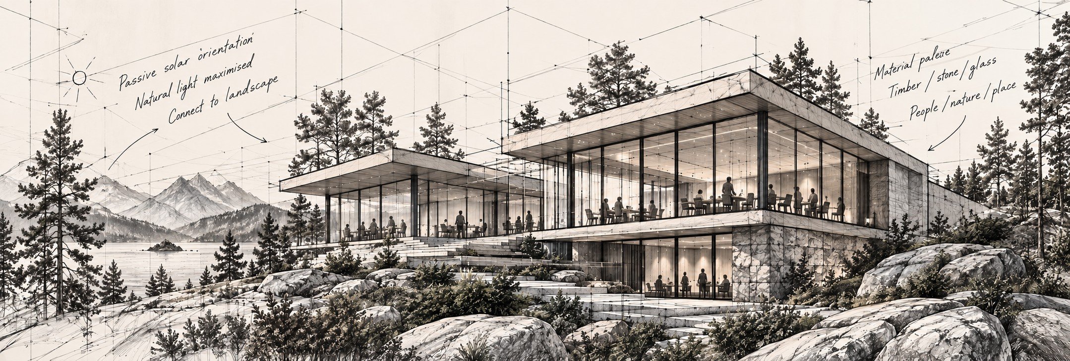 Concept illustration — a hand-annotated sketch of massing, orientation and materiality set against the landscape