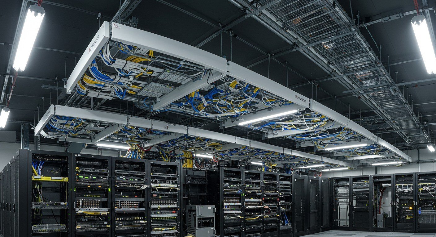 Data centre interior with structured cabling and rack rows