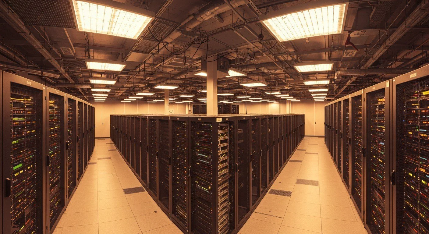 Data centre comms room interior with server racks and cable trays