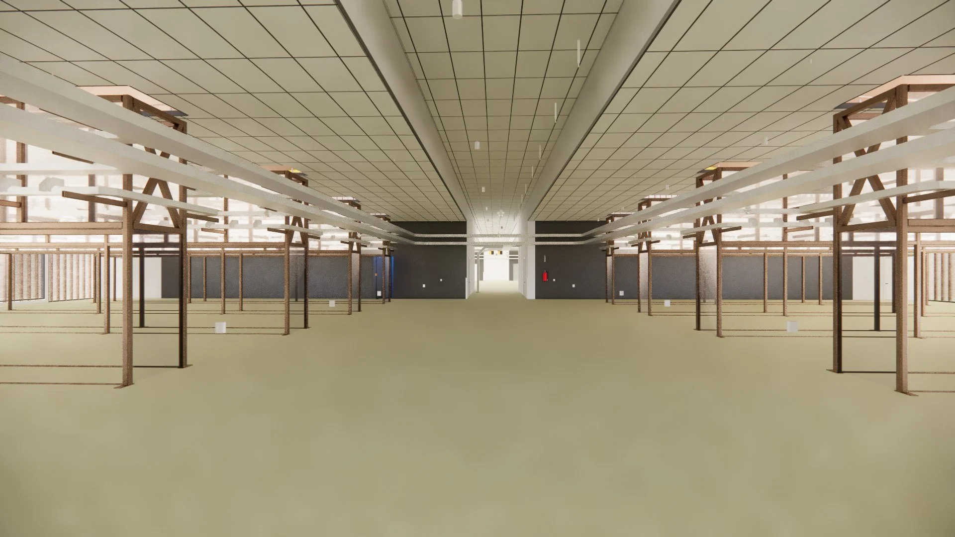 Unfinished commercial interior with structural framing and ceiling grid exposed
