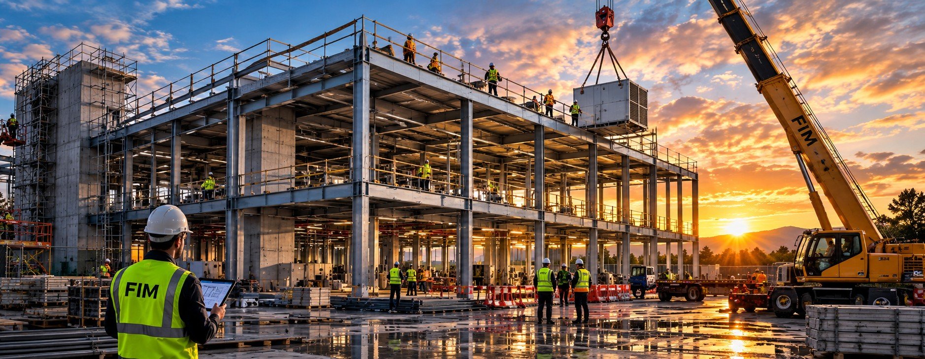 Delivery illustration — a project under construction on site, structural steel and services being installed