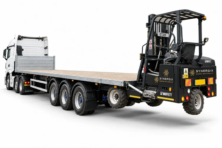 Rear view of an articulated flatbed with a black rear-carried MOFFETT forklift, representative arrangement illustration