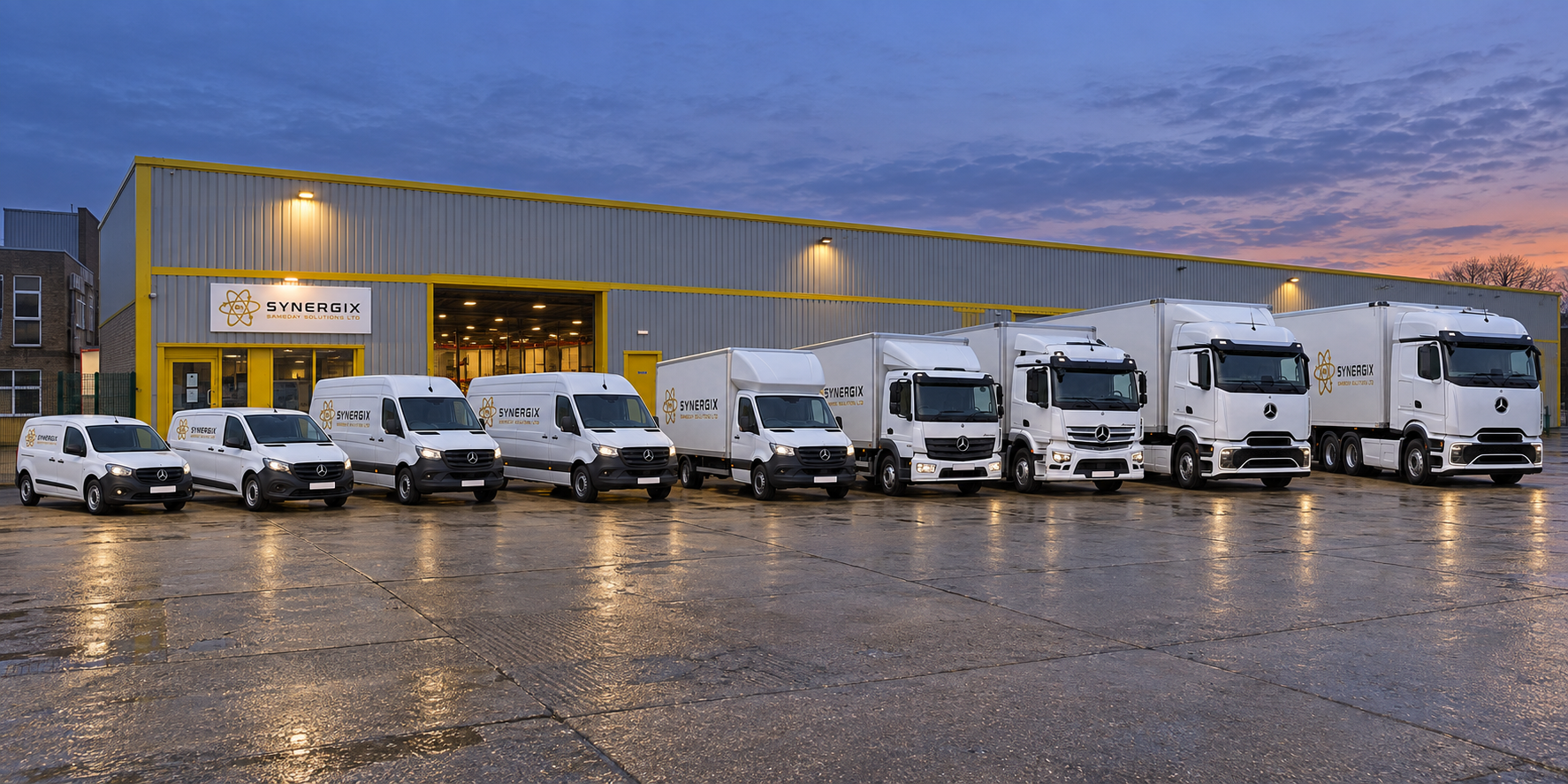 Synergix-branded vans and lorries lined up outside a warehouse at dusk