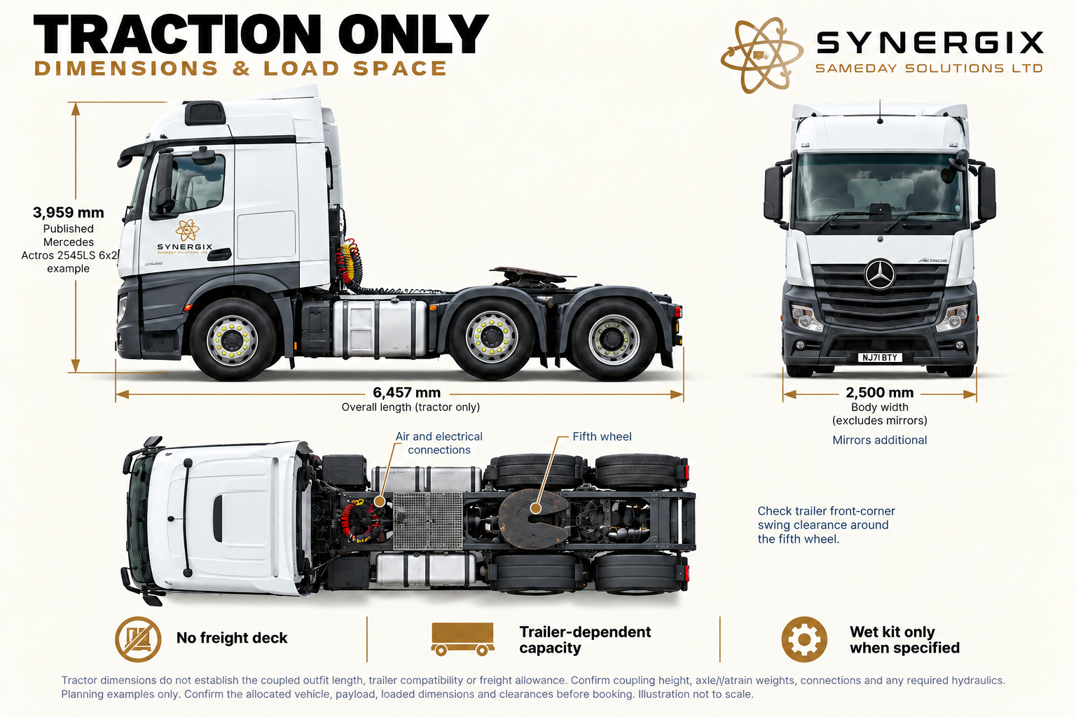 Traction-only tractor unit. Selected published dimensions and planning capacities; confirm the allocated vehicle before booking.