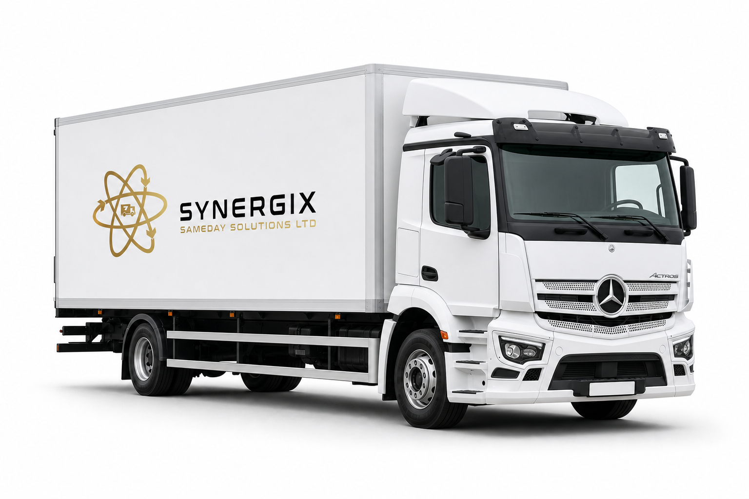 Illustrative white Synergix older Mercedes Actros two-axle 18-tonne box rigid