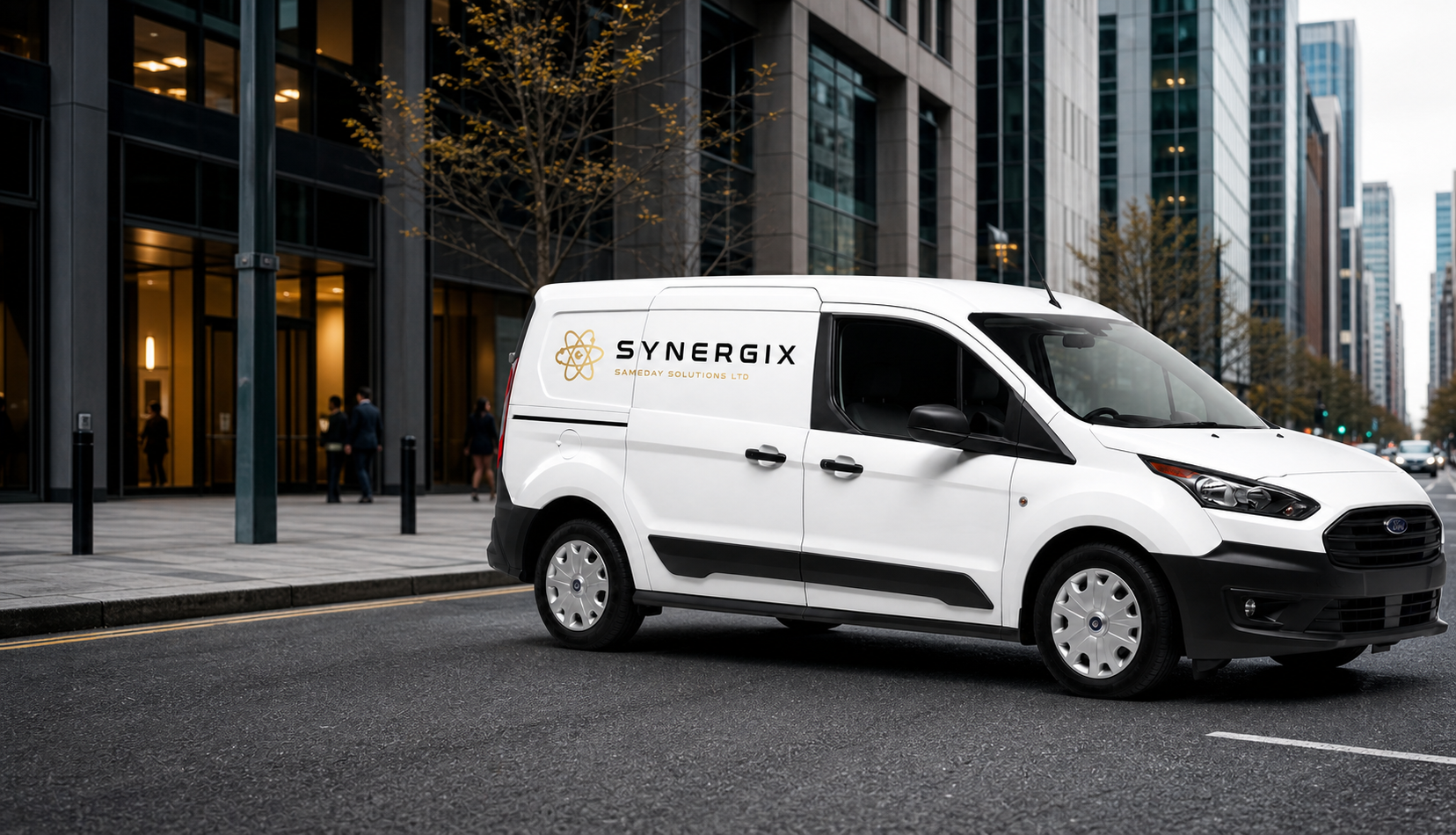 White Synergix small van ready for a city-centre courier delivery